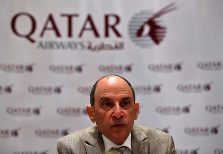 FILE PHOTO: Akbar Al Baker, Qatar Airways CEO, talks to media during a roundtable conference in New Delhi, India, September 4, 2018. REUTERS/Adnan Abidi