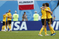 <p>Belgium’s Axel Witsel. right, hugs Jan Vertonghen after team mate Eden Hazard scored his side’s second goal during the third place match between England and Belgium at the 2018 soccer World Cup in the St. Petersburg Stadium in St. Petersburg, Russia, Saturday, July 14, 2018. (AP Photo/Natacha Pisarenko) </p>