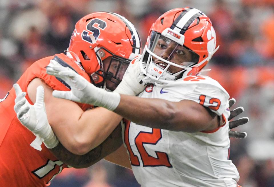 Clemson defensive lineman T.J. Parker (12) during the fourth quarter Sep 30, 2023; Syracuse, New York, USA; at JMA Wireless Dome.