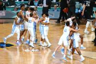 <p>North Carolina Tar Heels players react after defeating Gonzaga Bulldogs in the championship game of the 2017 NCAA Men’s Final Four at University of Phoenix Stadium. Mandatory Credit: Mark J. Rebilas-USA TODAY Sports </p>