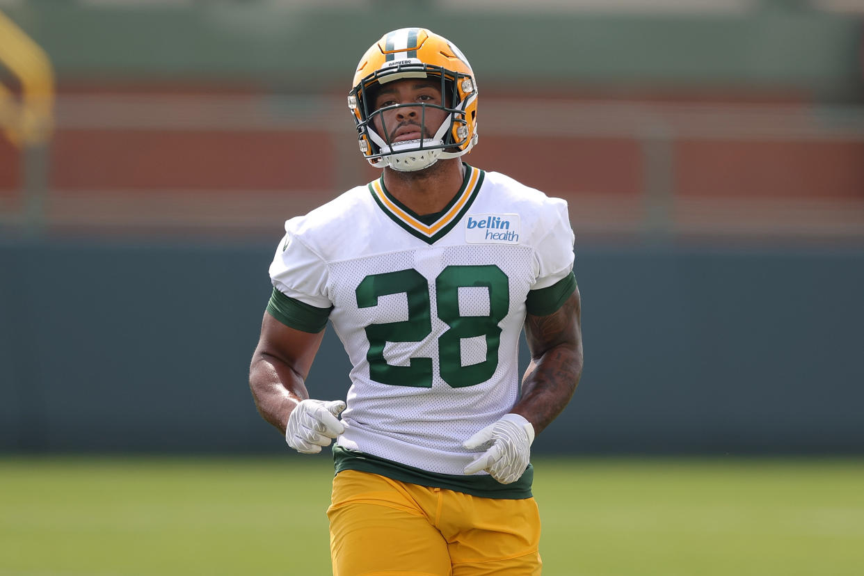 AJ Dillon #28 of the Green Bay Packers