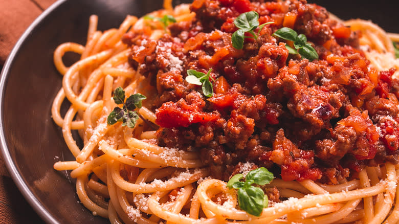 Bowl of pasta with meat sauce