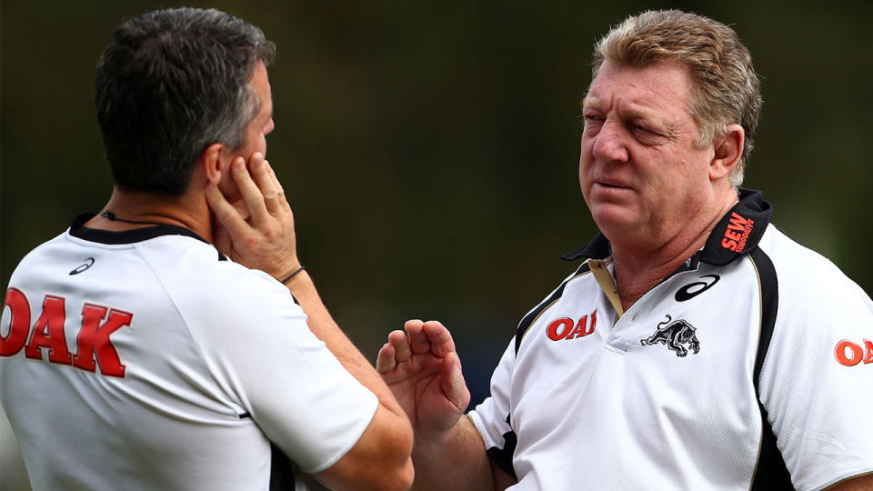 Phil Gould talks with coach Ivan Cleary during a Penrith Panthers NRL training session at Sportingbet Stadium on April 15, 2014 in Sydney, Australia. (Photo by Renee McKay/Getty Images)