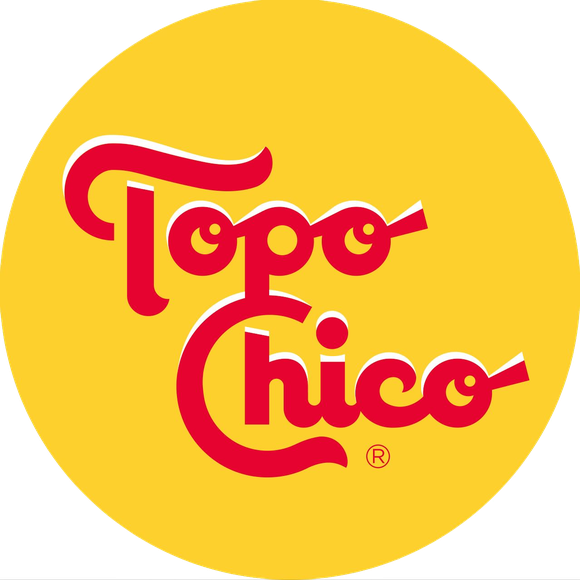 Topo Chico logo: red stylized cursive on round yellow background.