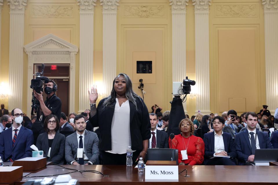 Georgia election worker Shaye Moss is sworn in on June 21, 2022, to testify to the House Jan. 6 committee.