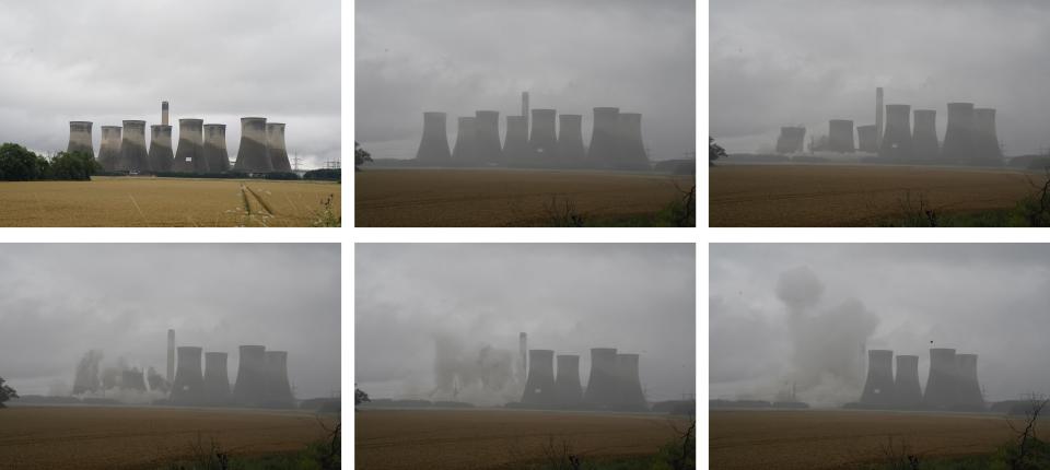 A combination of pictures showing the cooling towers being destroyed (Peter Byrne/PA) (PA Wire)