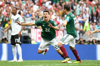 <p>Hirving Lozano of Mexico celebrates by sliding on his knees after scoring his team’s first goal during the 2018 FIFA World Cup Russia group F match between Germany and Mexico at Luzhniki Stadium on June 17, 2018 in Moscow, Russia. (Photo by David Ramos – FIFA/FIFA via Getty Images) </p>