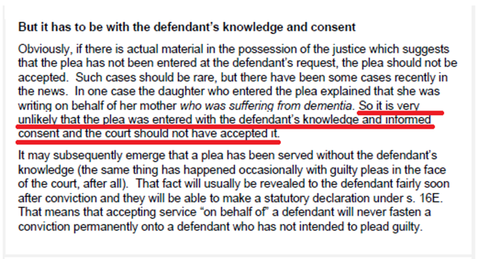 Internal advice to magistrates court legal advisers set out that guilty pleas on behalf of defendants with dementia should not be accepted (FOI request)