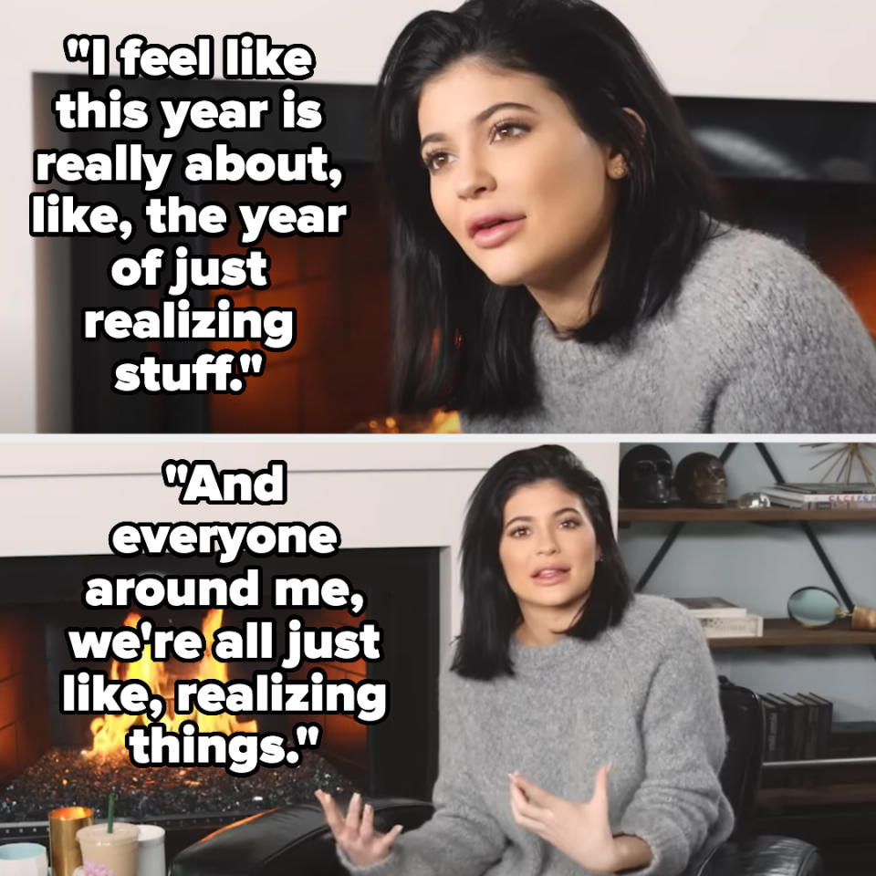 Kylie Jenner in an interview, wearing a grey sweater, with captions of her quotes about personal realizations