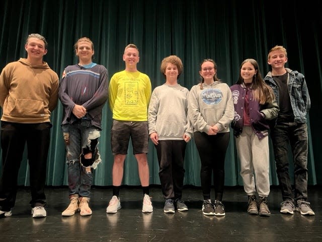 The 2023 All-County Cast at the Wayne County Play Festival are Hayden Ringle, Norwayne; Caleb Singer-Holden, Wooster; Isaac Himes, Dalton; Lane Miller, Waynedale; Elizabeth Kindig, Chippewa; Jaira Daye, Triway; and Josiah Gillman, Northwestern.