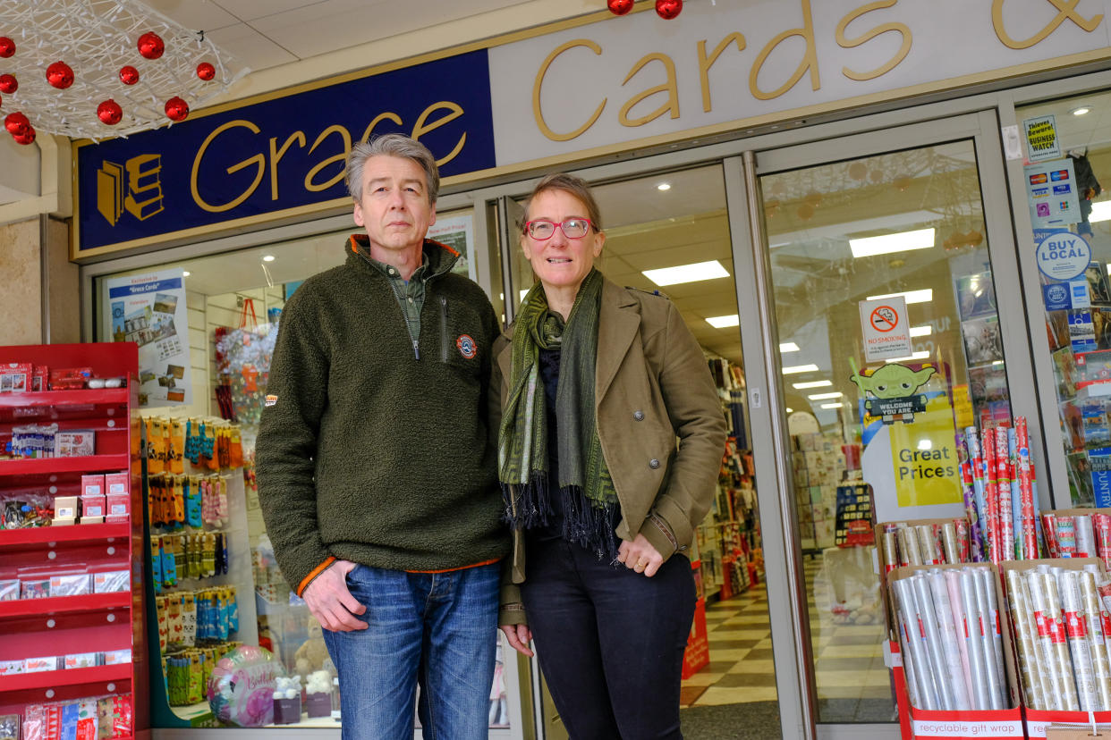 Alasdair, 54, and wife Lydia Walker-Cox, 50, kept their card shop open during lockdown. (SWNS)