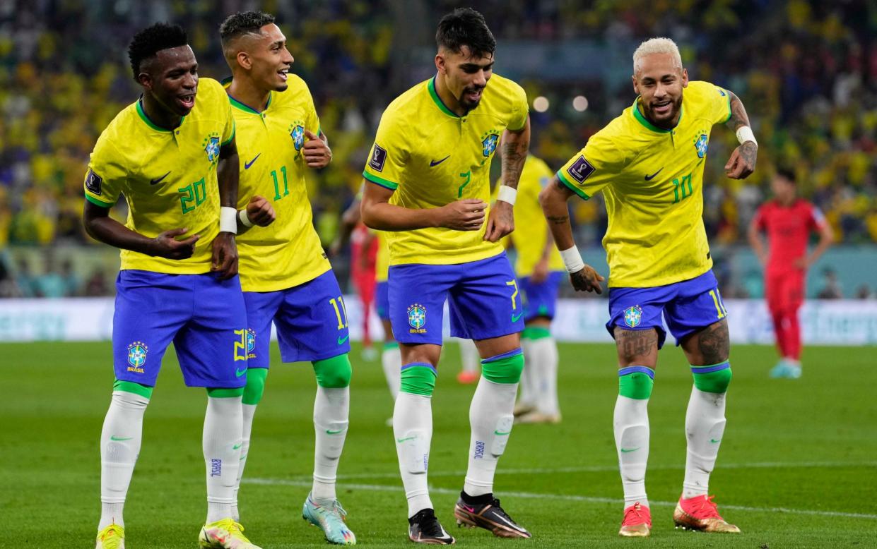 Every remaining team in the World Cup ranked – and England are on the rise - Brazil's Neymar, from right, celebrates with team mates Lucas Paqueta, Raphinha and Vinicius Junior - Manu Fernandez/AP