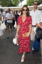 <p>Pippa Middleton wears a brown, woven crossbody bag with a Ralph Lauren wrap dress to attend the French Open. (Photo: Stephane Cardinale/Corbis via Getty Images) </p>