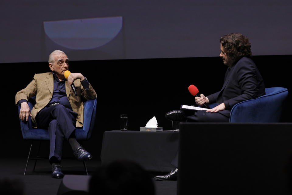 LONDON, ENGLAND - OCTOBER 07: Director Martin Scorsese and Director Edgar Wright speak during the Martin Scorsese Screen Talk at the 67th BFI London Film Festival at the The Royal Festival Hall on October 07, 2023 in London, England. (Photo by John Phillips/Getty Images for BFI)