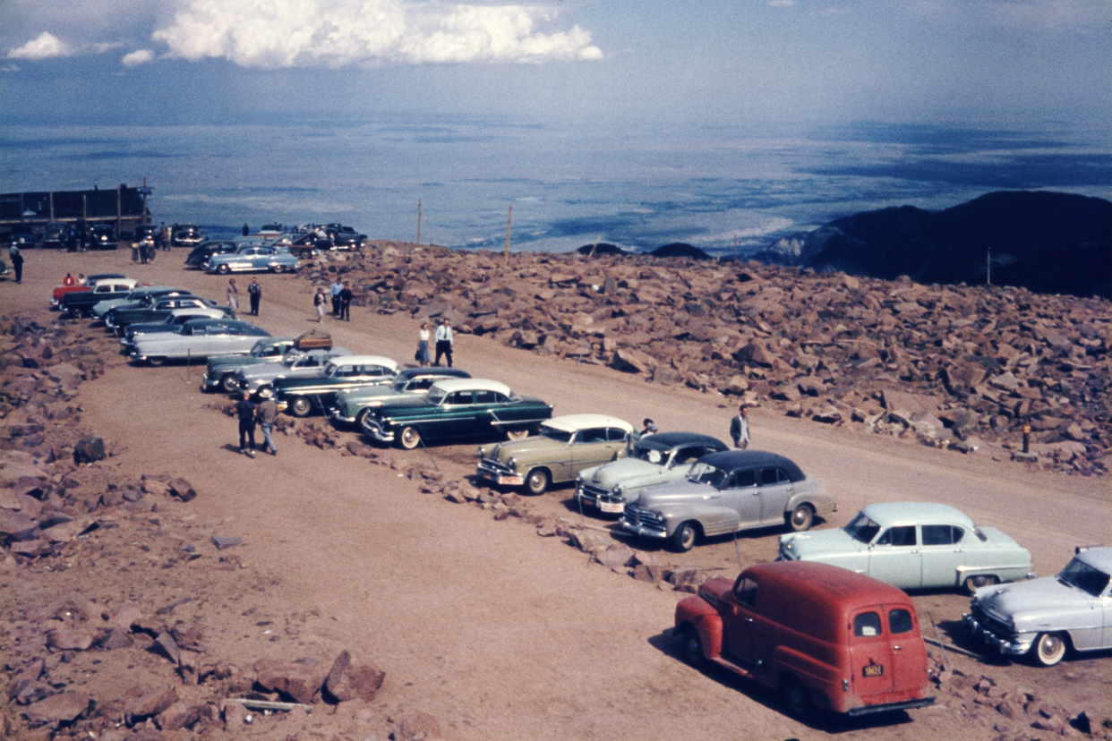 Cars parked at the summit of Pike's Peak (now Pikes Peak) Mountain, El Paso County, Colorado, circa 1962.