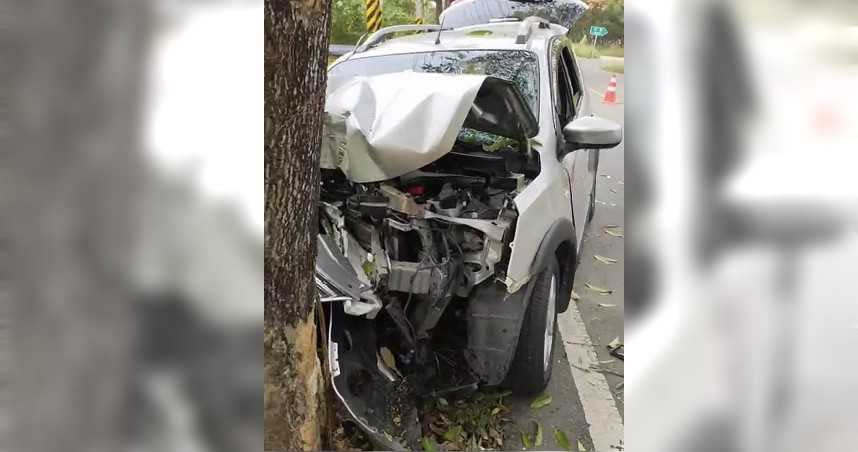 蘇姓男子駕駛的自小客車自撞路樹毀損嚴重。（圖／翻攝照片）