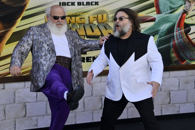 Kyle Gass (L) and cast member Jack Black attend the premiere of "Kung Fu Panda 4" at AMC The Grove in Los Angeles on Sunday. Photo by Jim Ruymen/UPI