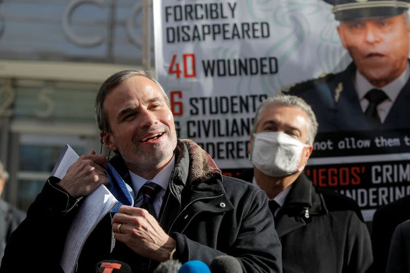 Edward Sapone, attorney for Mexico's former defense Minister General Salvador Cienfuegos, speaks to journalists following a decision to drop drug charges against his client at the Brooklyn Federal Courthouse in Brooklyn, New York