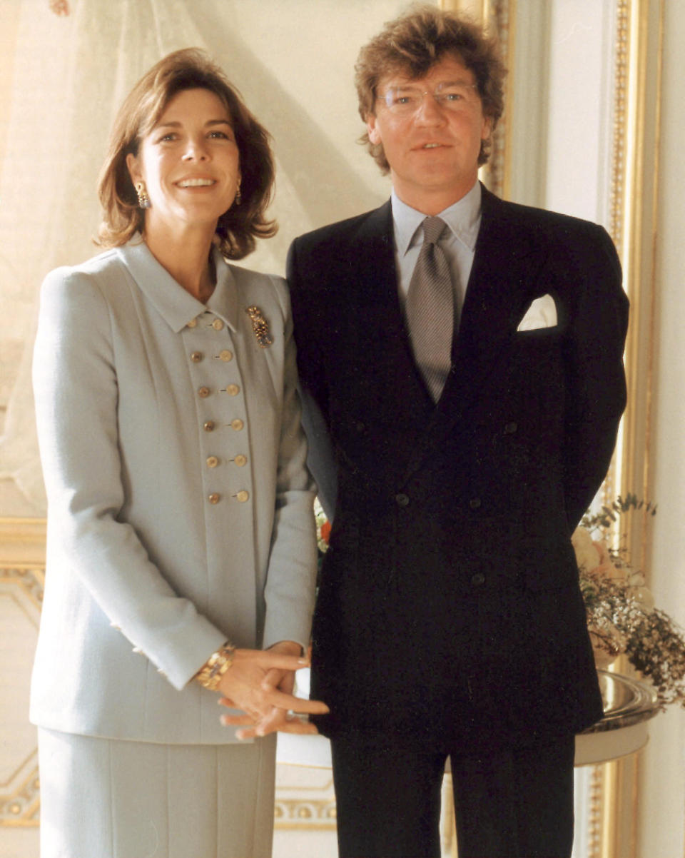 Princess Caroline of Monaco and Prince Ernst August of Hanover posing for a photo at their wedding January 23, 1999, in Monaco.
