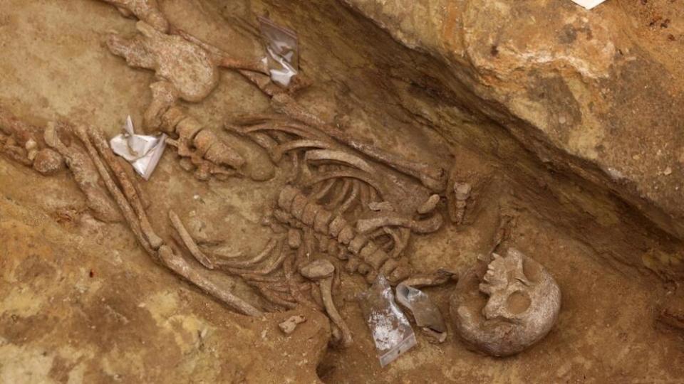 One of the skeletons unearthed in an ancient necropolis found meters from a busy Paris train station. / Credit: Thomas Samson/AFP/File