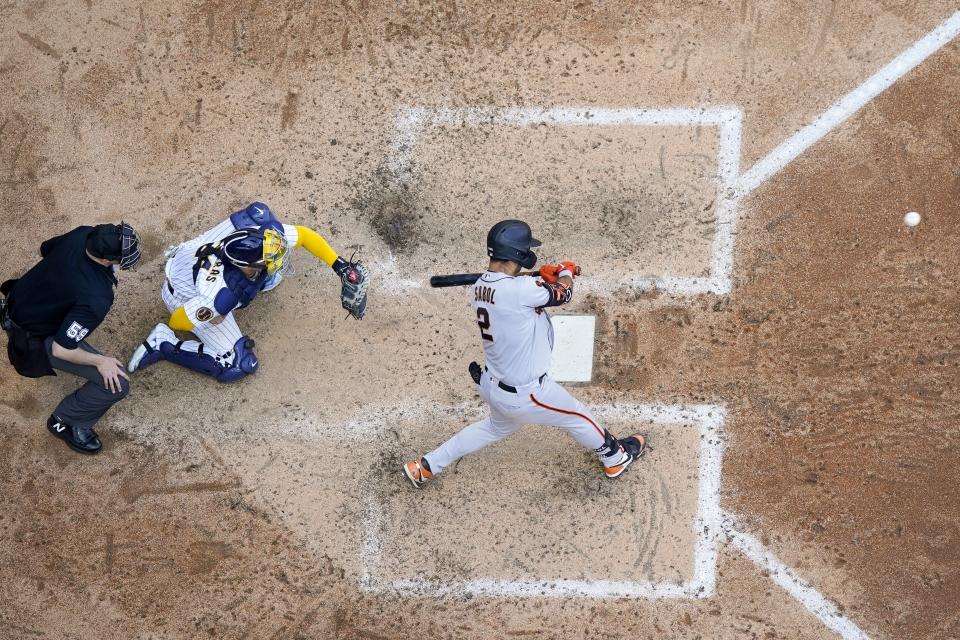 San Francisco Giants' Blake Sabol hits a three run home run during the seventh inning of a baseball game against the Milwaukee Brewers Sunday, May 28, 2023, in Milwaukee. (AP Photo/Morry Gash)