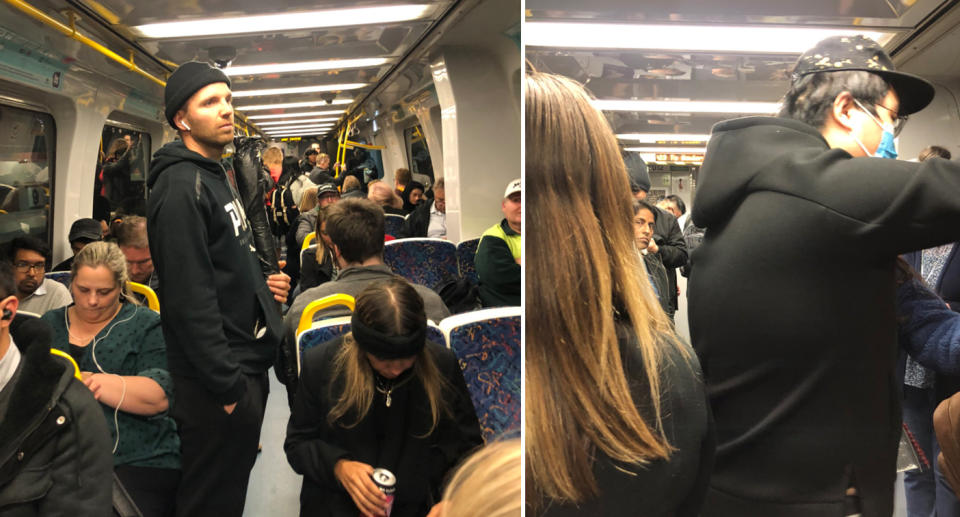 Pictured is a split photo of commuters sitting down and standing in the aisle of a train (left) and standing back to back (right). 