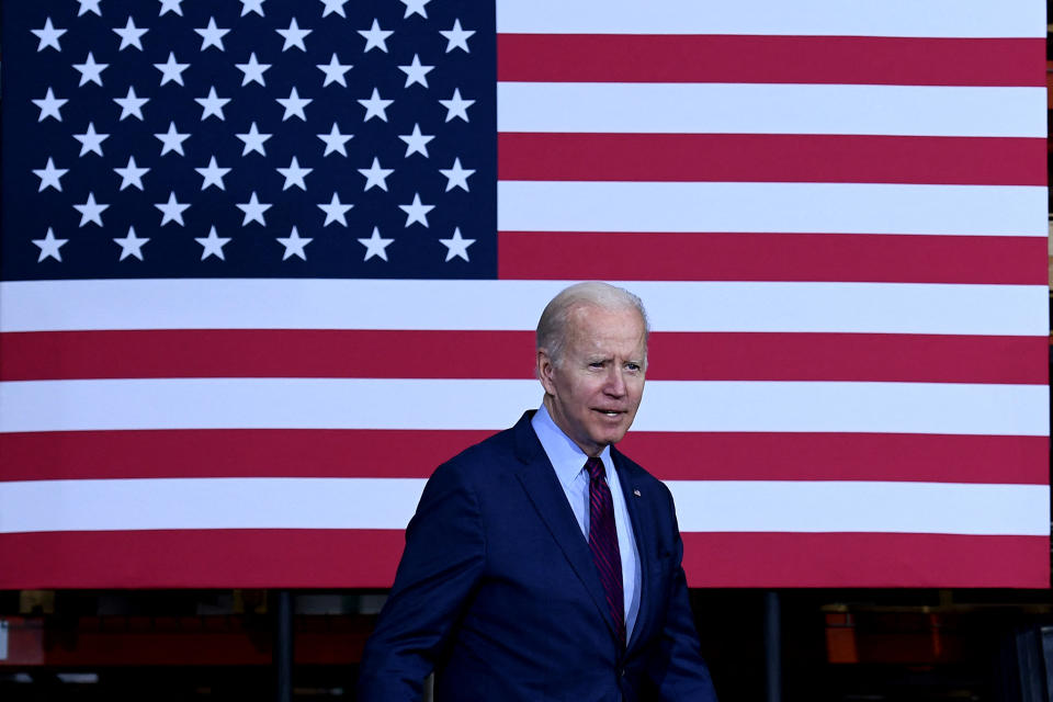 US President Joe Biden arrives to deliver remarks during a visit to United Performance Metals, a specialty metals solutions center, in Hamilton, Ohio, on May 6, 2022. (Photo by OLIVIER DOULIERY / AFP) (Photo by OLIVIER DOULIERY/AFP via Getty Images)