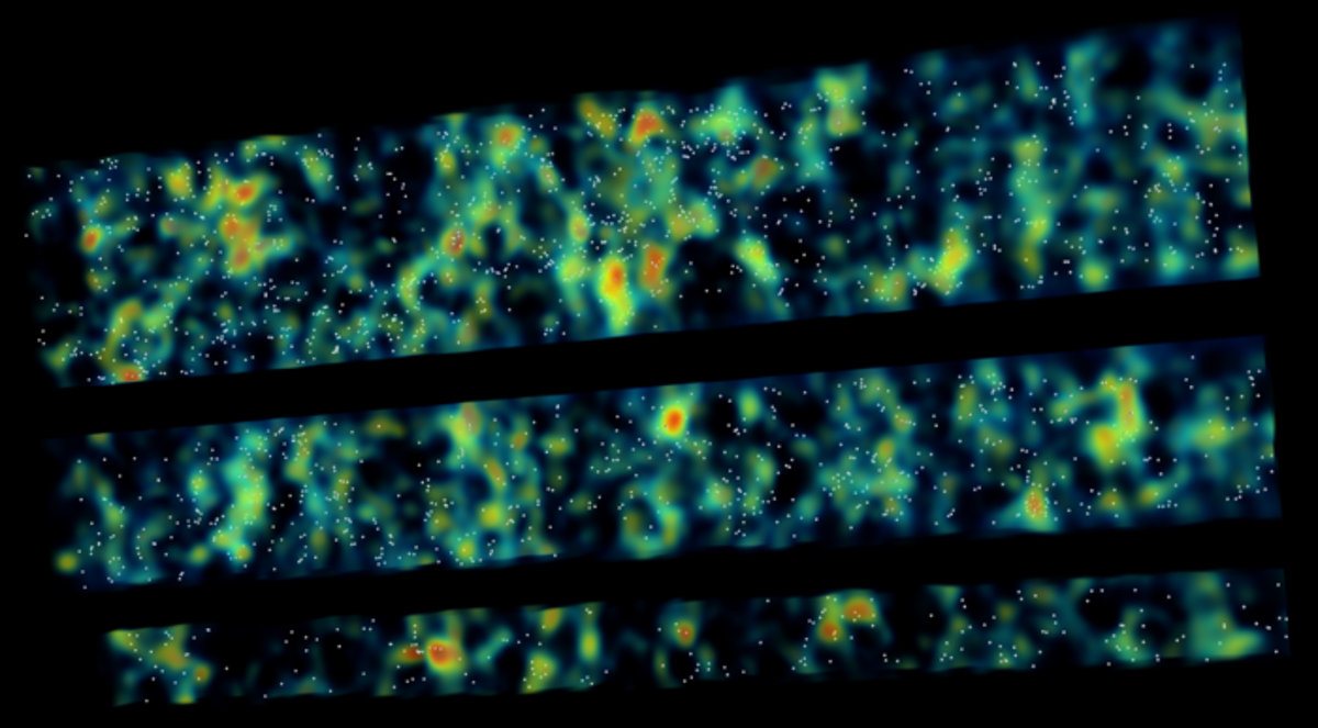 A map of intergalactic hydrogen clouds where yellow-to-red represents high density regions and blue-to-black indicates areas of low density. Light absorbed by the gas clouds helped astronomers locate protoclusters of galaxies in the early universe (Andrew Newman)