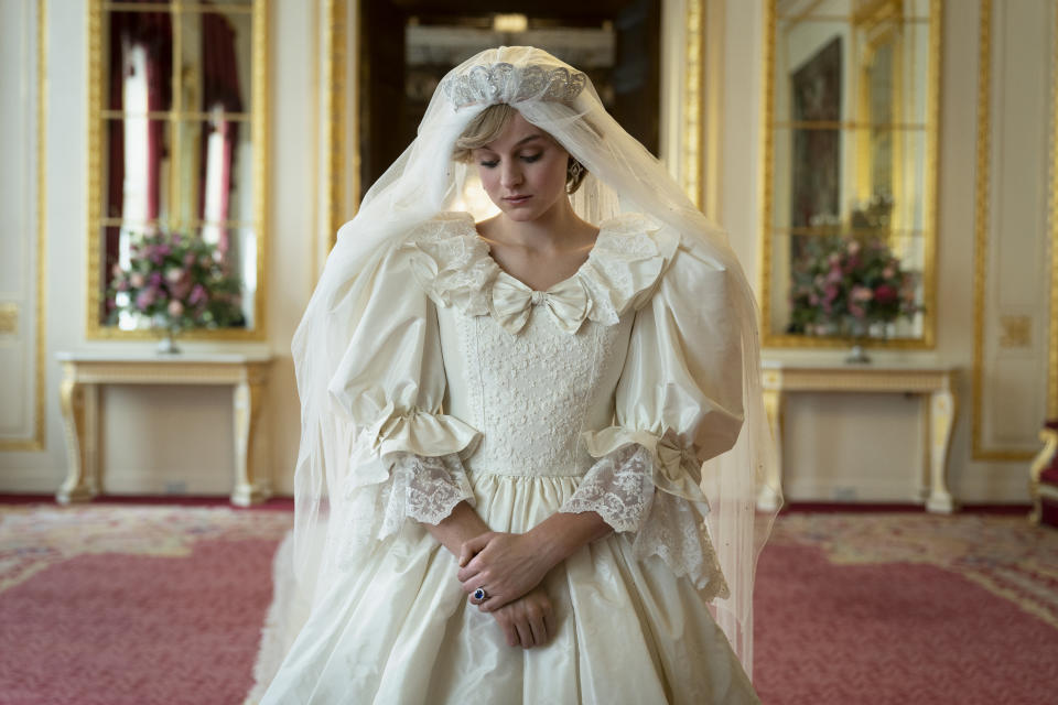 Corwin in a reimagined wedding dress worn by Princess Diana at the royal wedding in 1981. (Netflix) 