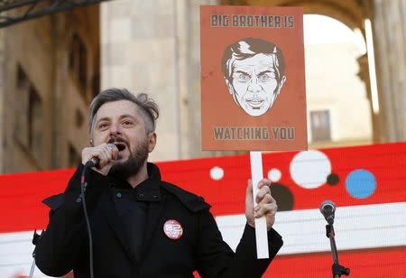 Nika Gvaramia, chief executive officer of Rustavi 2, speaks during a rally to support opposition TV channel Rustavi 2 in Tbilisi, Georgia February 19, 2017. REUTERS/David Mdzinarishvili