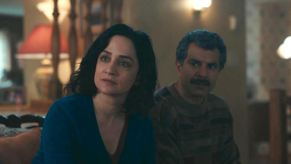 Archie Panjabi as Suman Virk, Ezra Faroque Khan as Manjit Virk in “Under the Bridge"