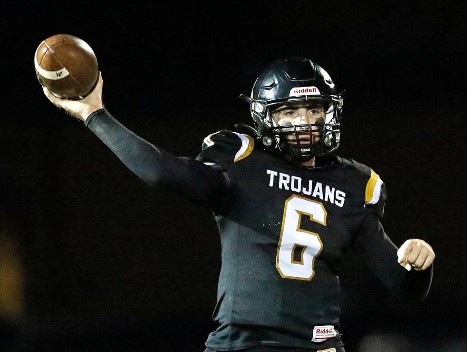 South Central High School's Brandon Mitchell (6) throws a pass as he rolls out against Mapleton High School during football action at South Central High School Friday, Oct. 7, 2022. TOM E. PUSKAR/ASHLAND TIMES-GAZETTE