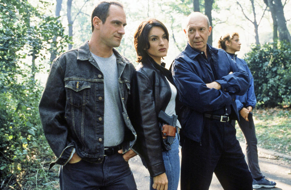 Christopher Meloni as Detective Elliot Stabler, Mariska Hargitay as Detective Olivia Benson, Dann Florek as Captain Donald Cragen, and Michelle Hurd as Detective Monique Jefferies in 