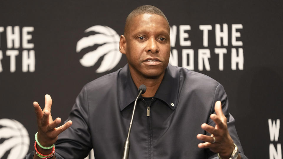 Raptors president Masai Ujiri speaks to reporters at media day. (John E. Sokolowski-USA TODAY Sports)