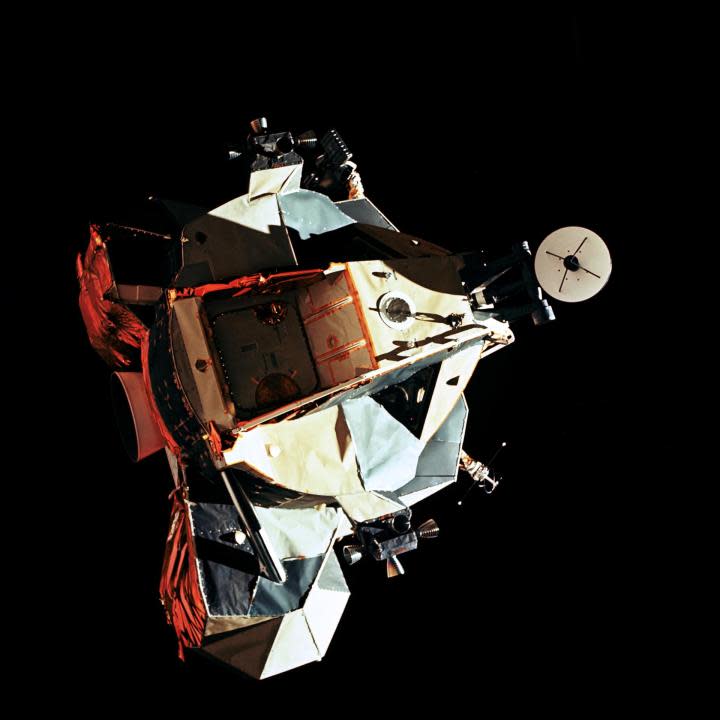 14 Dec. 1972) — This 70mm view of the Lunar Module (LM) “Challenger” in lunar orbit before rendezvous with the Apollo 17 Command and Service Modules (CSM). While astronauts Eugene A. Cernan, commander, and Harrison H. Schmitt, lunar module pilot, descended in the Challenger to explore the Taurus-Littrow region of the moon, astronaut Ronald E. Evans, command module pilot, remained with the CSM “America” in lunar orbit.