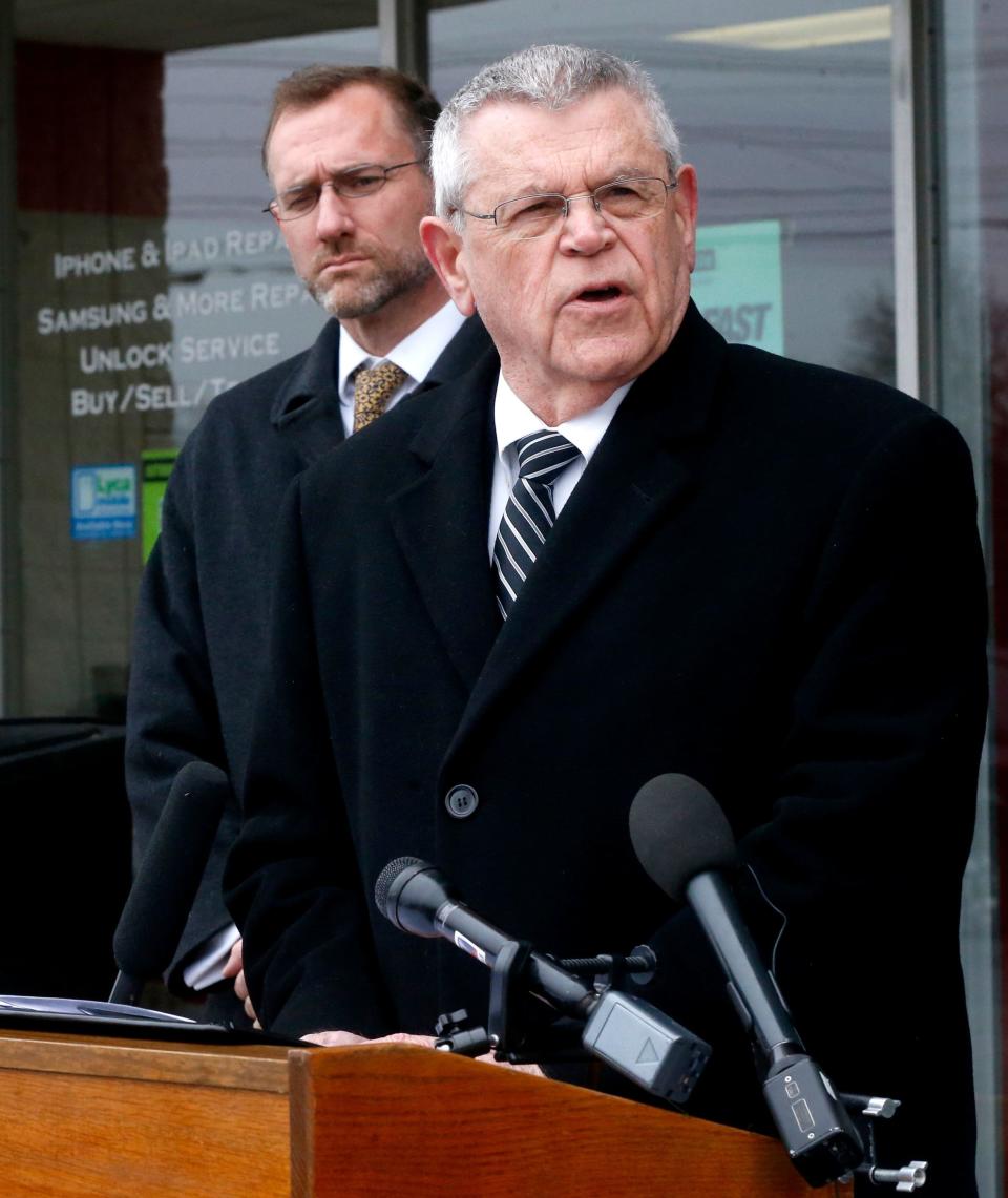 Rutherford County Sheriff Mike Fitzhugh speaks during a Monday, Feb. 12, 2018, news conference, in Murfreesboro, Tennessee., that was held to announce that 23 stores have been closed after it is believed that they are selling products containing a marijuana derivative. The press conference was held in front of Vapesboro, one of the businesses under investigation. 