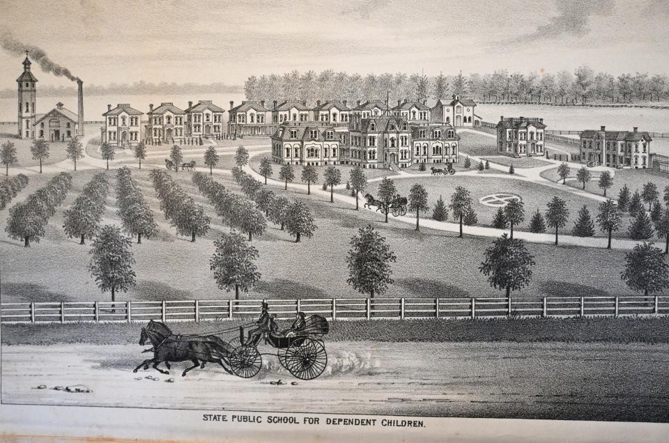 An engraving in the 1879 History of Branch County showed the newly built State Home on the inside cover.