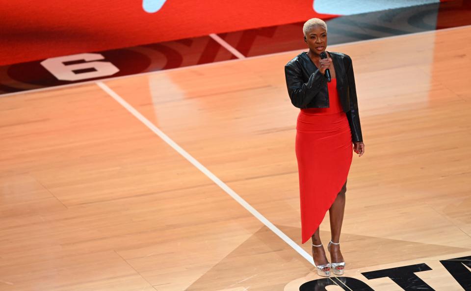 Canadian singer Jully Black singe Canada's National Anthem ahead of the NBA All-Star game between Team Giannis and Team LeBron at the Vivint arena in Salt Lake City, Utah, February 19, 2023. (Photo by Patrick T. Fallon / AFP) (Photo by PATRICK T. FALLON/AFP via Getty Images)