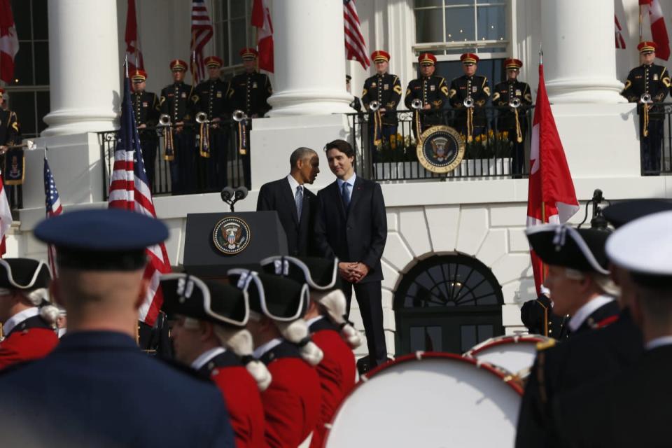 President Barack Obama and Canadian Prime Minister Justin Trudeau review the troops on the South Lawn of the White House, Thursday March 10, 2016 in Washington. Trudeau hopes to strengthen US-Canada ties during his visit to the White House, (AP Photo/Pablo Martinez Monsivais)