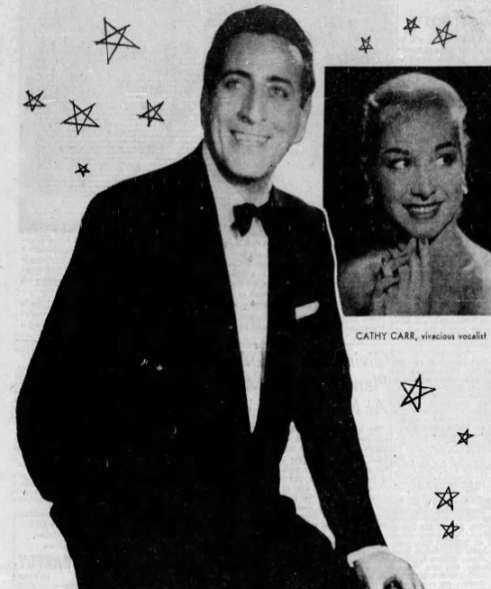 Tony Bennett is seen in an Evansville Courier & Press spread alongside singer Cathy Carr. The two played a two-night stint at Mesker Amphitheatre in 1956, alongside jugglers and unicyclists. Bennett died July 21, 2023.