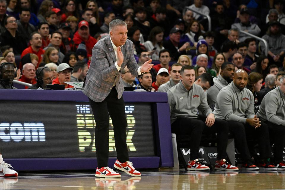 Jan 27, 2024; Evanston, Illinois, USA; Ohio State Buckeyes head coach Chris Holtmann leads the team against Northwestern Wildcats during the first half at Welsh-Ryan Arena. Mandatory Credit: Matt Marton-USA TODAY Sports