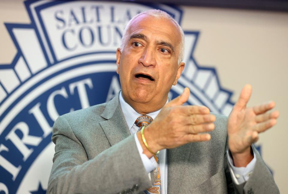 Salt Lake County District Attorney Sim Gill talks about a July 9, 2022, officer-involved critical incident involving suspect Peter Michael Larsen during a press conference at the Salt Lake County District Attorney’s Building in Salt Lake City on Friday, May 12, 2023. Gill said the Salt Lake City police officers’ use of deadly force, which did not kill Larsen, was justified. Larsen was shot in both hands. | Kristin Murphy, Deseret News