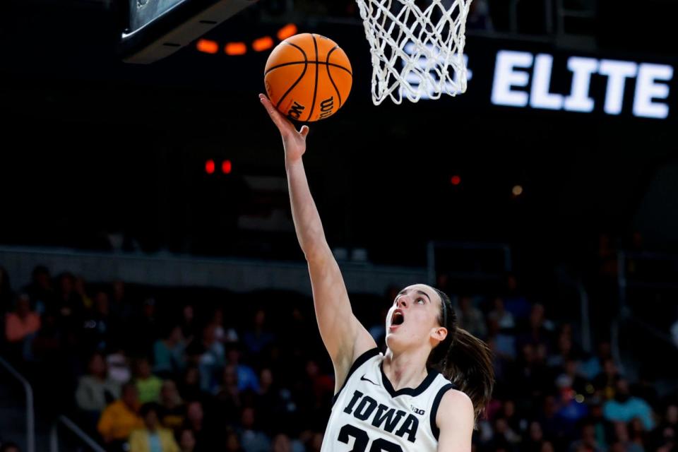 PHOTO: Caitlin Clark of the Iowa Hawkeyes shoots the ball during the first half against the LSU Tigers in the Elite 8 round of the NCAA Women's Basketball Tournament at MVP Arena, April 1, 2024, in Albany, New York.  (Sarah Stier/Getty Images)
