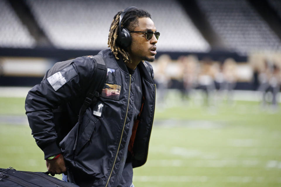 FILE - In this Nov. 10, 2019 file photo Atlanta Falcons cornerback Isaiah Oliver arrives before an NFL football game against the New Orleans Saints in New Orleans. Whenever normalcy returns to the NFL, Isaiah Oliver knows there will be a new role waiting for him as a leader in the Atlanta Falcons' secondary. A second-round pick in 2018, Oliver is suddenly one of the most experienced cornerbacks on the roster after the team cut ties with longtime stalwart Desmond Trufant in a salary cap move. (AP Photo/Butch Dill, file)