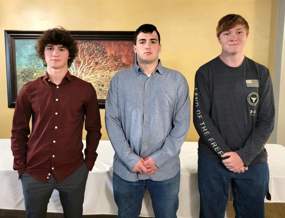 Conemaugh Township's Dylan Hovanec, Berlin Brothersvalley's Logan Webreck and Somerset's Wes Shaulis were honorable mention selections at the all-county wrestling banquet, April 23, at the Oakhurst Grille & Event Center, in Somerset. Absent from the photo was Meyersdale's Bryan Donitzen.