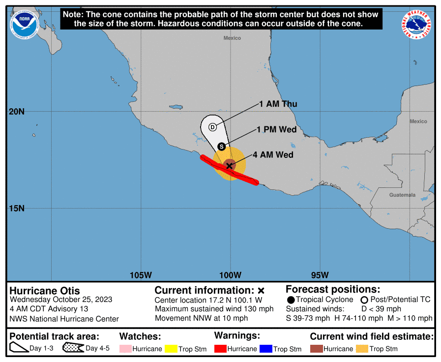 The National Hurricane Center said Hurricane Otis is forecast to move farther inland over southern Mexico through tonight and rapid weakening is expected.