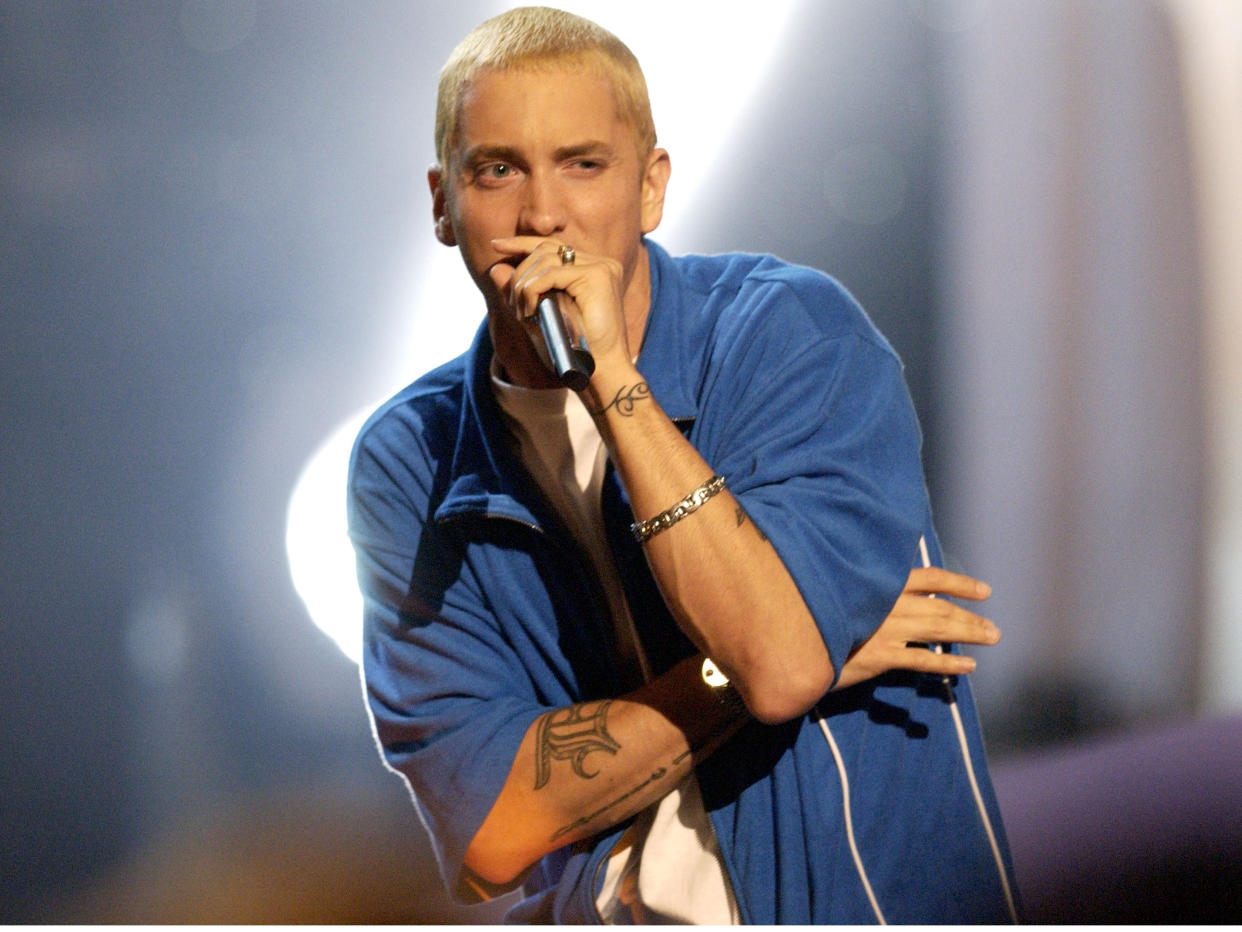 (NO TABLOIDS)    Eminem performs at the 2002 MTV Movie Awards at the Shrine Auditorium in Los Angeles. during 2002 MTV Movie Awards - Show at the The Shrine Auditorium in Los Angeles, California.  (Photo by Michael Caulfield/WireImage)