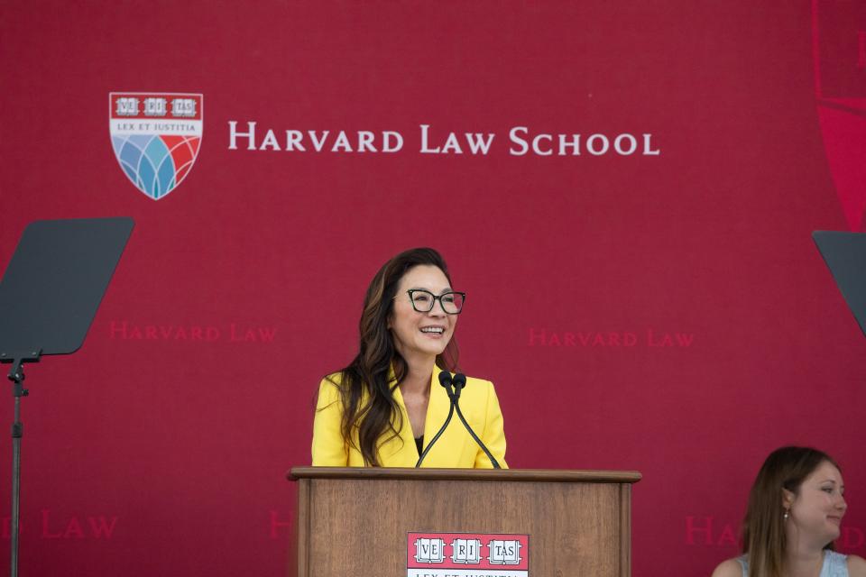 Michelle Yeoh, Oscar best actress winner for "Everything Everywhere All at Once," gives the commencement address to Harvard Law School graduates on May 24, 2023.