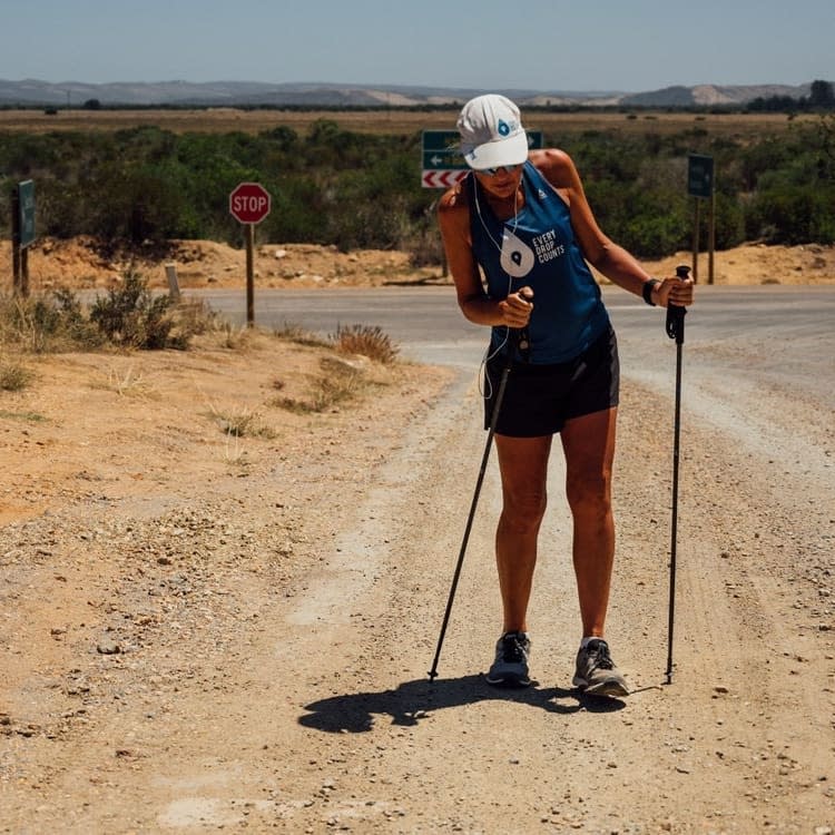 At marathon number 62, Mina had no choice but to hobble around on crutches as the pain in her leg became unbearable. Later that day she was in hospital diagnosed with a fractured femur. Source: Instagram/Mina Guli|Credit: <a class="link " href="https://www.instagram.com/kelvintrautman/" rel="nofollow noopener" target="_blank" data-ylk="slk:Kelvin Trautman;elm:context_link;itc:0;sec:content-canvas">Kelvin Trautman</a>