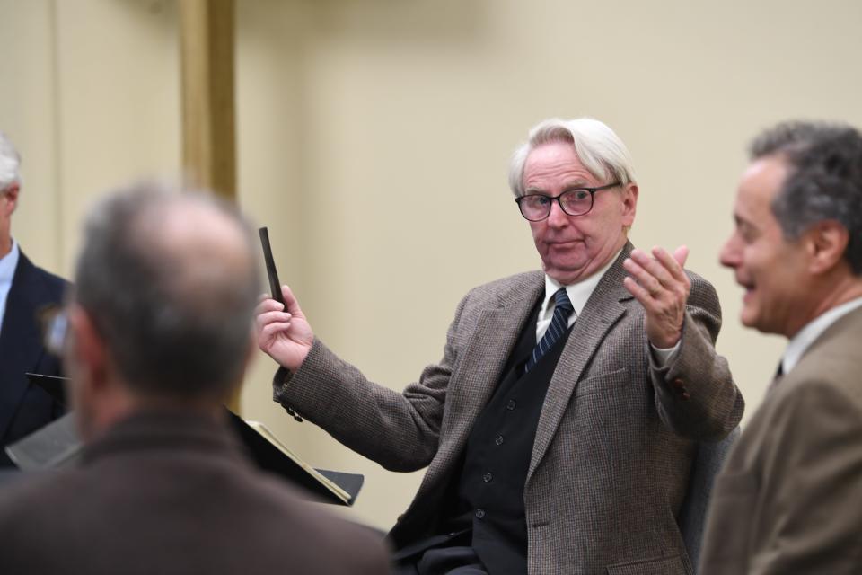 James McGuire, playing the role of J.R.R. Tolkien, leads a rehearsal for the dramatic reading of “Symbol or Substance” on Monday, May 20, 2024.
